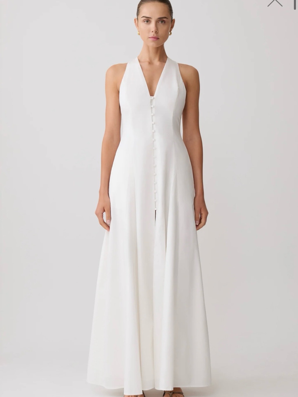 Meshki Sienna White V-Neck Covered-Button Maxi Dress